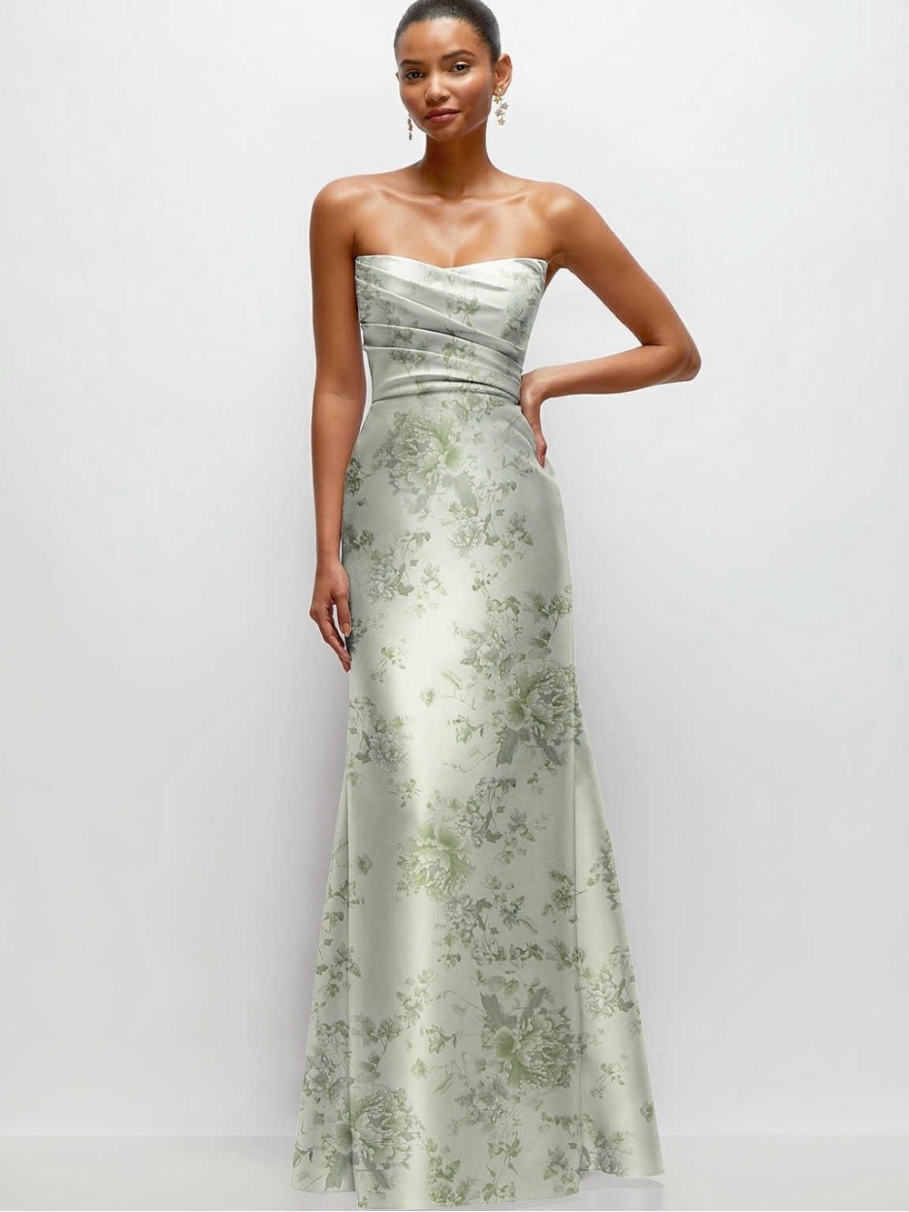 ALFRED SUNG Strapless Floral Satin Gown in Sage Green